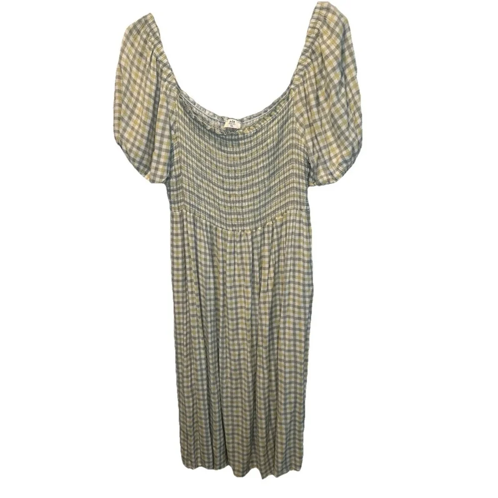NLT Los Angeles Gemma Gingham Short Puffed Sleeve Smocked Midi Dress 1X Prairie